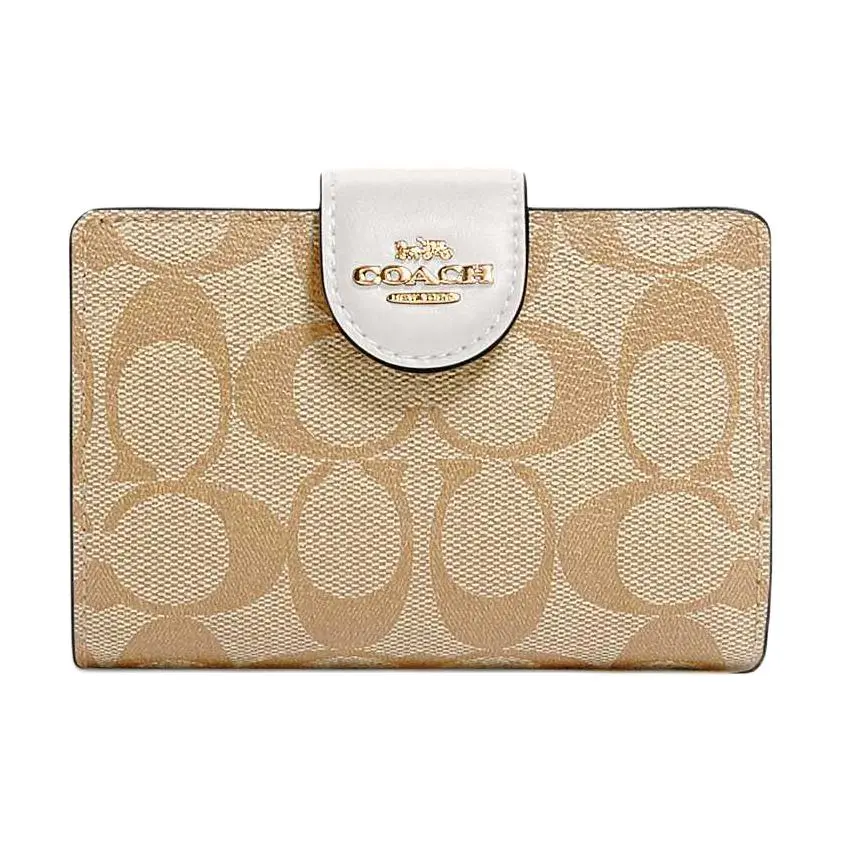 COACH Corner Zip 13 Snap-Fold Wallet for Women – Saffiano Leather, Light Brown with White Accents