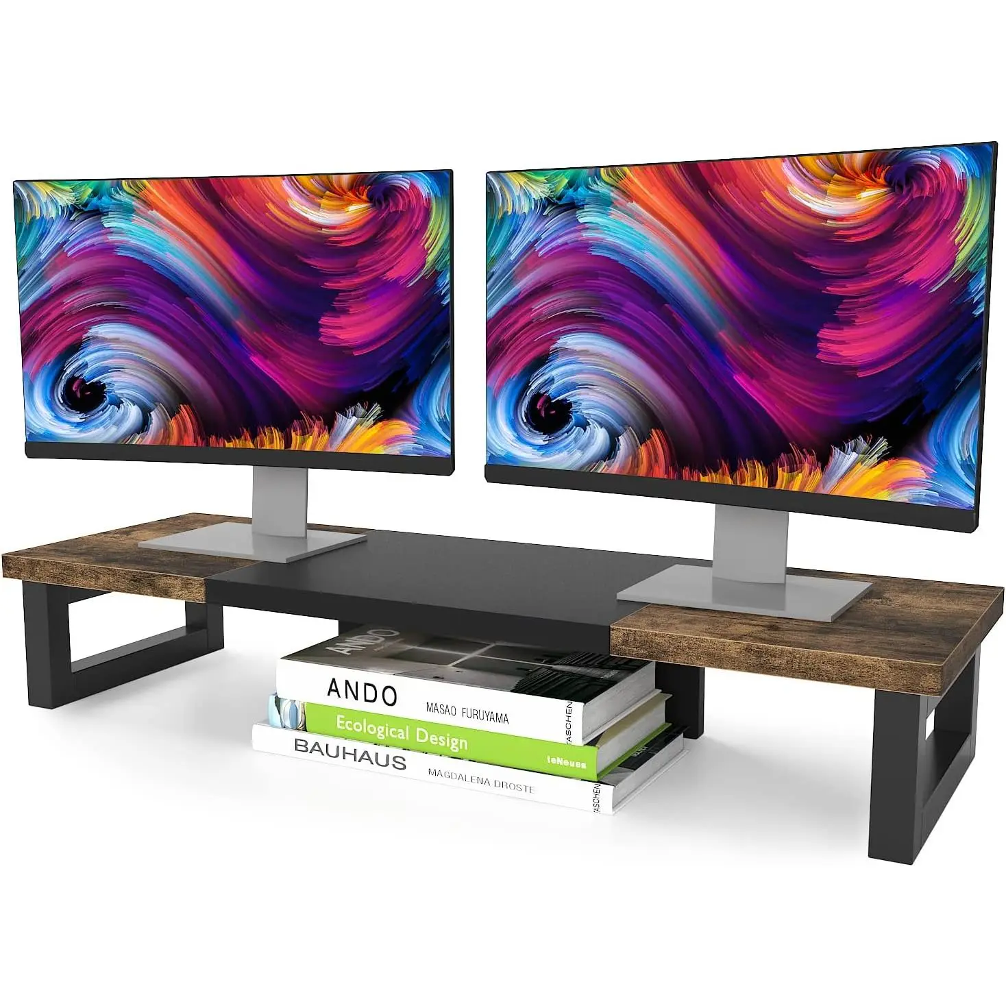 Rustic Brown Steel & Wood Dual Monitor Stand Riser - Space Saver Desktop Storage Stand with Sturdy Base for Computer, Laptop, Printer