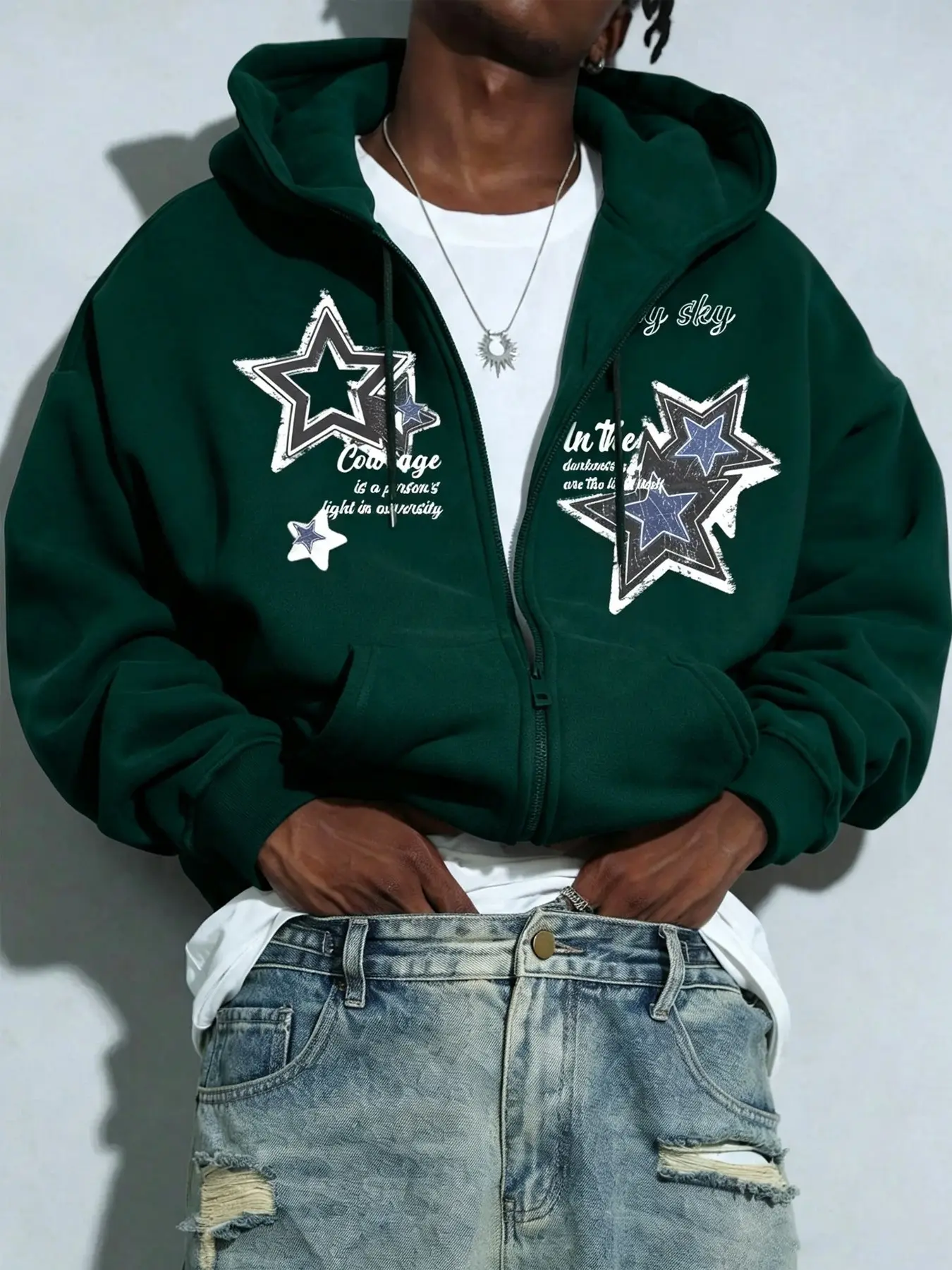 Men's Full-Zip Hooded Jacket, Vintage Star Print, Inspirational Text, Drawstring Hood, Loose Fit, Fall Winter Streetwear