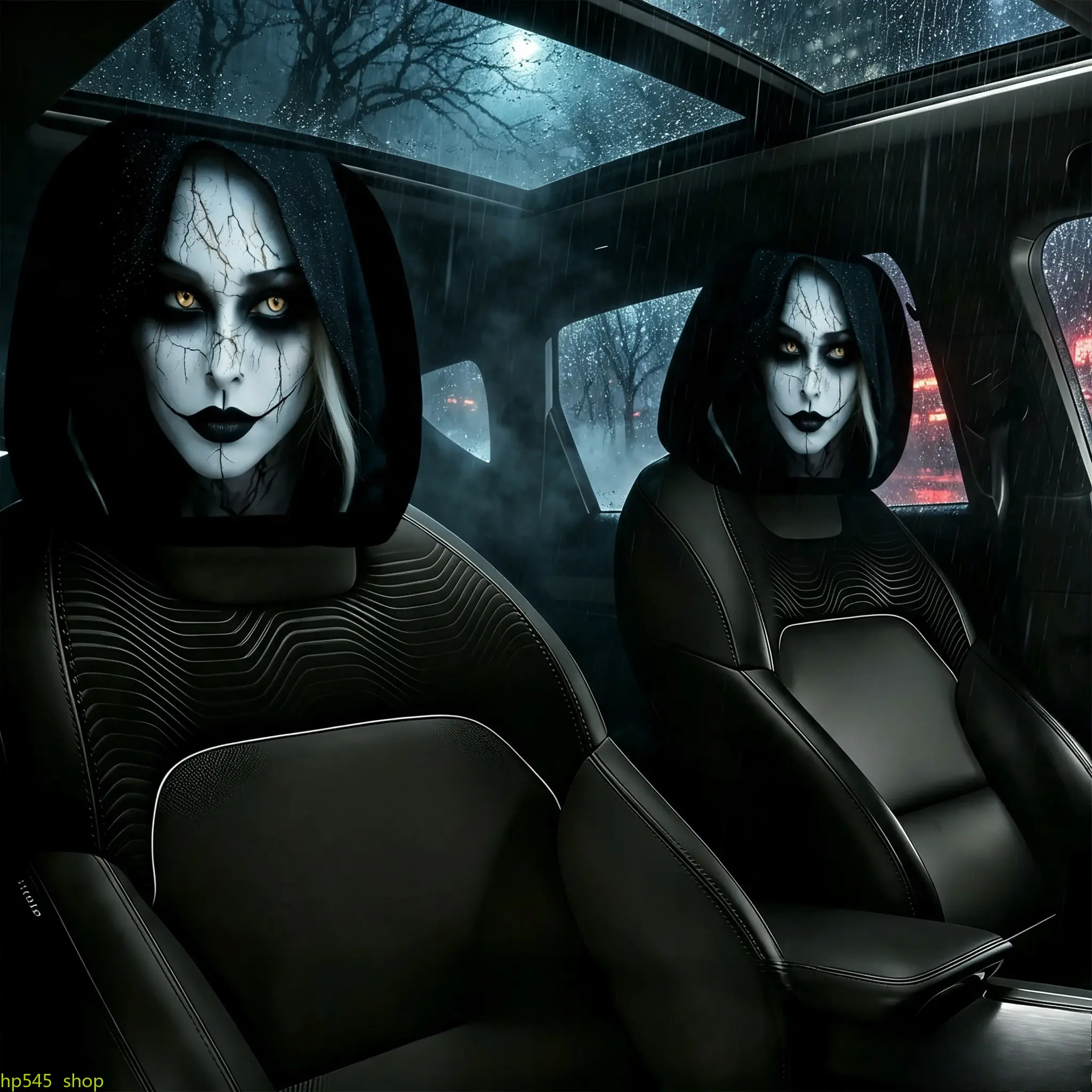 Universal-Fit Headrest Covers, 2-Pack Cracked Mask Print Seat Protectors, Cool Car Accessories for Long-Distance Travel & Interior Decor, Car Stuff, Headrest Protectors, Cracked Mask Figure, Adds A Touch Of Fun, Great Companion For Long-Distance Travel, C
