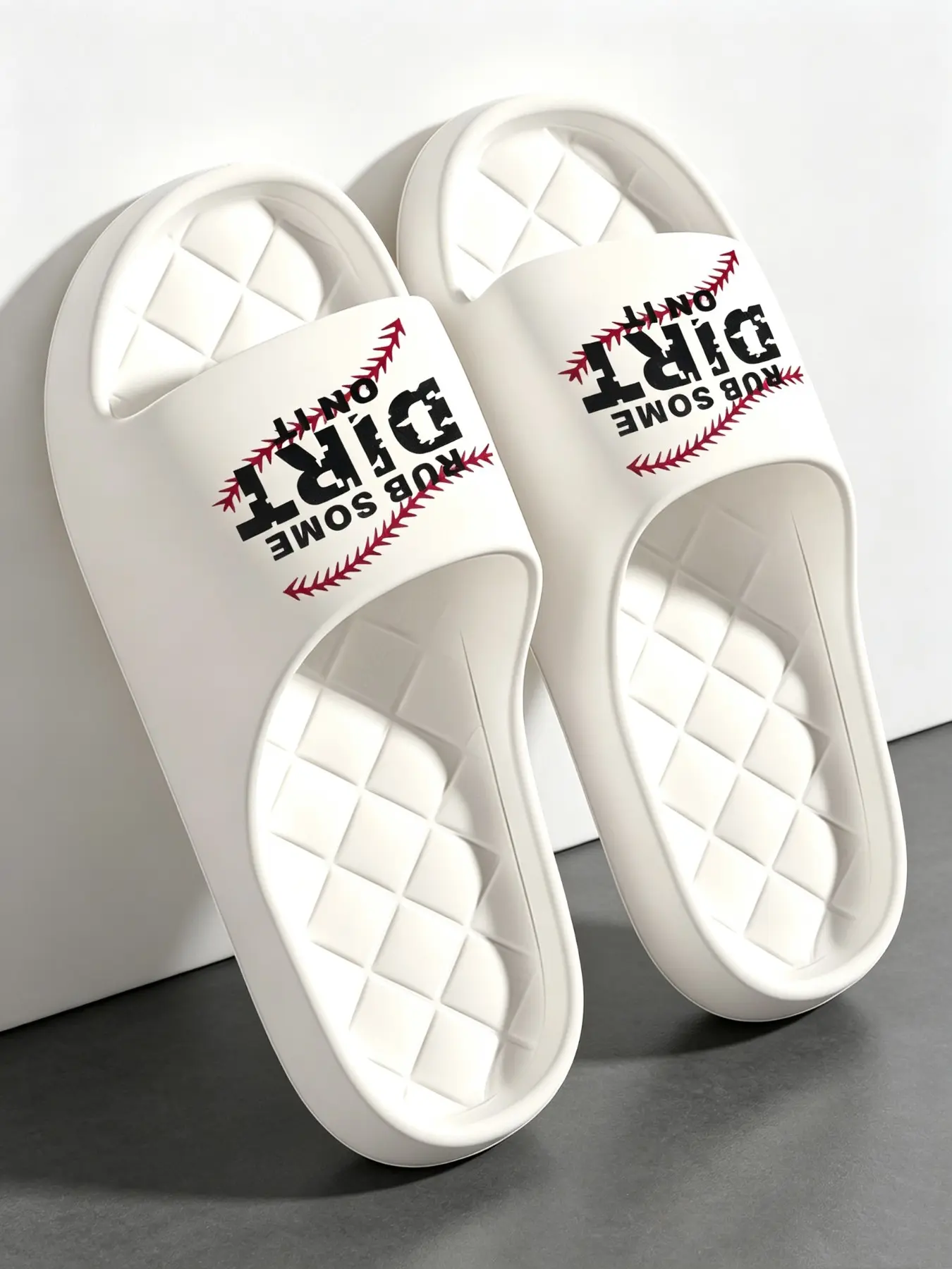 Baseball Stitch Letter Print Slide Slippers, Men Women Thick Platform Non Slip Eva, Open Toe Summer Sandals, Indoor Outdoor Beach Slides.Runs small, wide feet please size up one size.