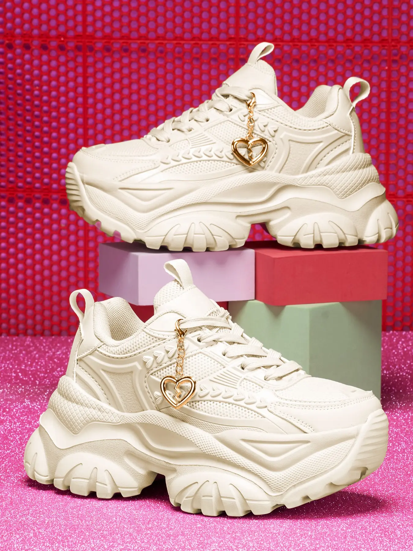 Women's Thick Sole Casual Shoes, Detachable Heart Charm, 7cm Heel Lift, Eva Lightweight, Sweet Cool Y2K Style