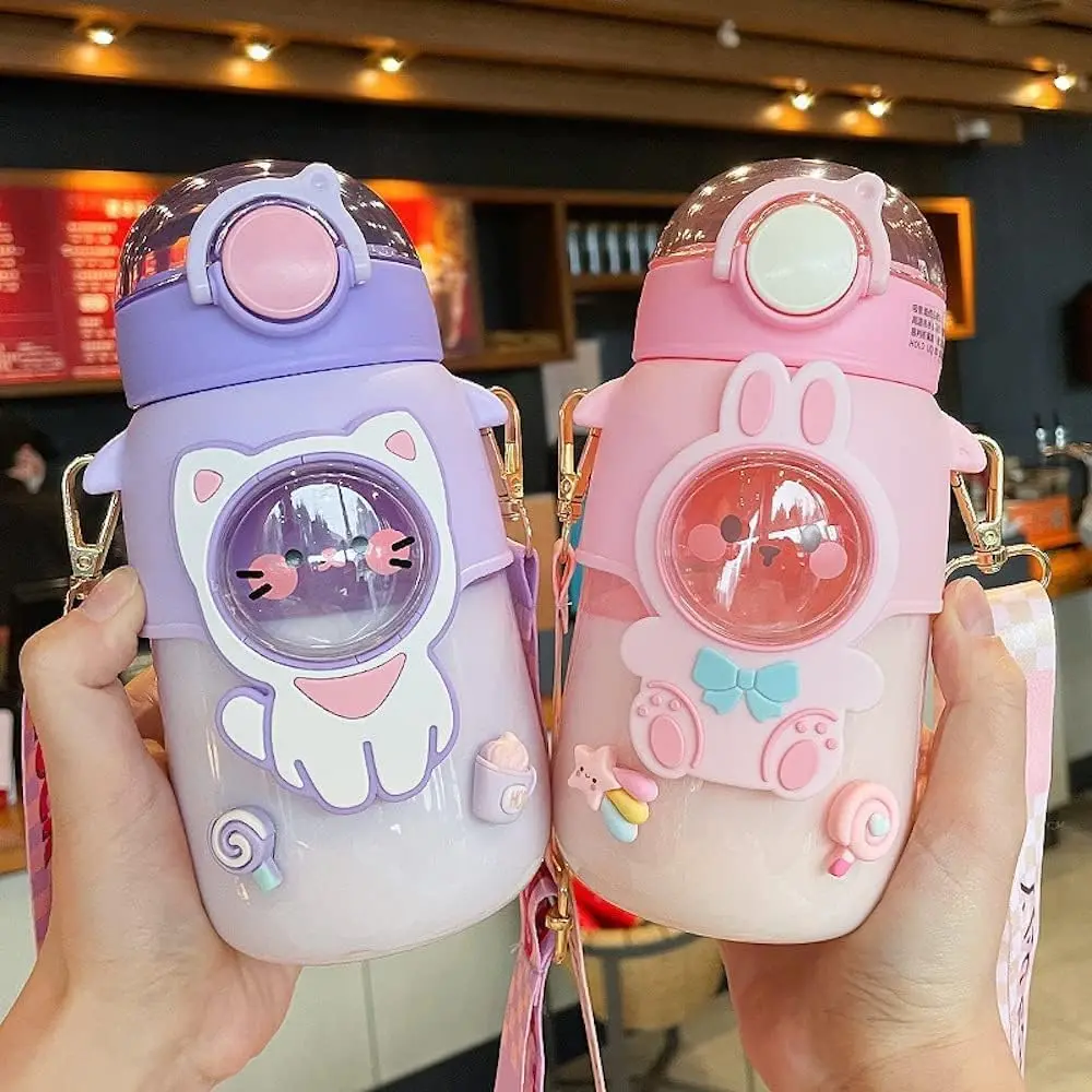 Water Bottle with Straw and Shoulder Strap, 25oz Cute Large Capacity Water Bottles with 3D Stickers  Girls, School(Pink)