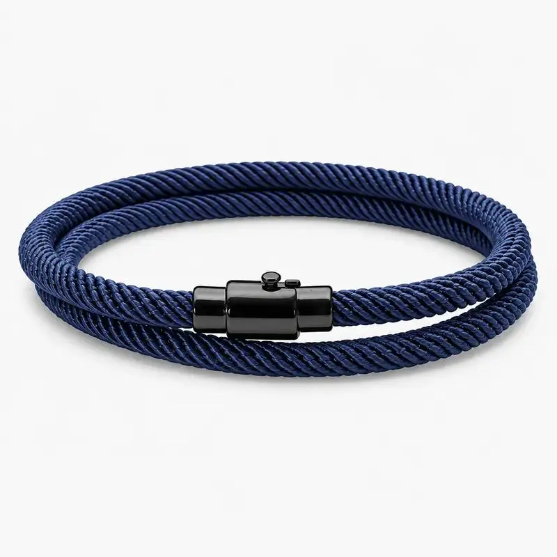 Men's Minimalist Double-Wrap Nylon Cord Bracelet Jewelry - Navy Blue Milan Rope Band Bracelets & Bangles, Matte Black Alloy Magnetic Clasp (0.59in), 40cm Unisex Wristband, Fray-Resistant Nautical Surf Accessory for Anniversary Daily Wear