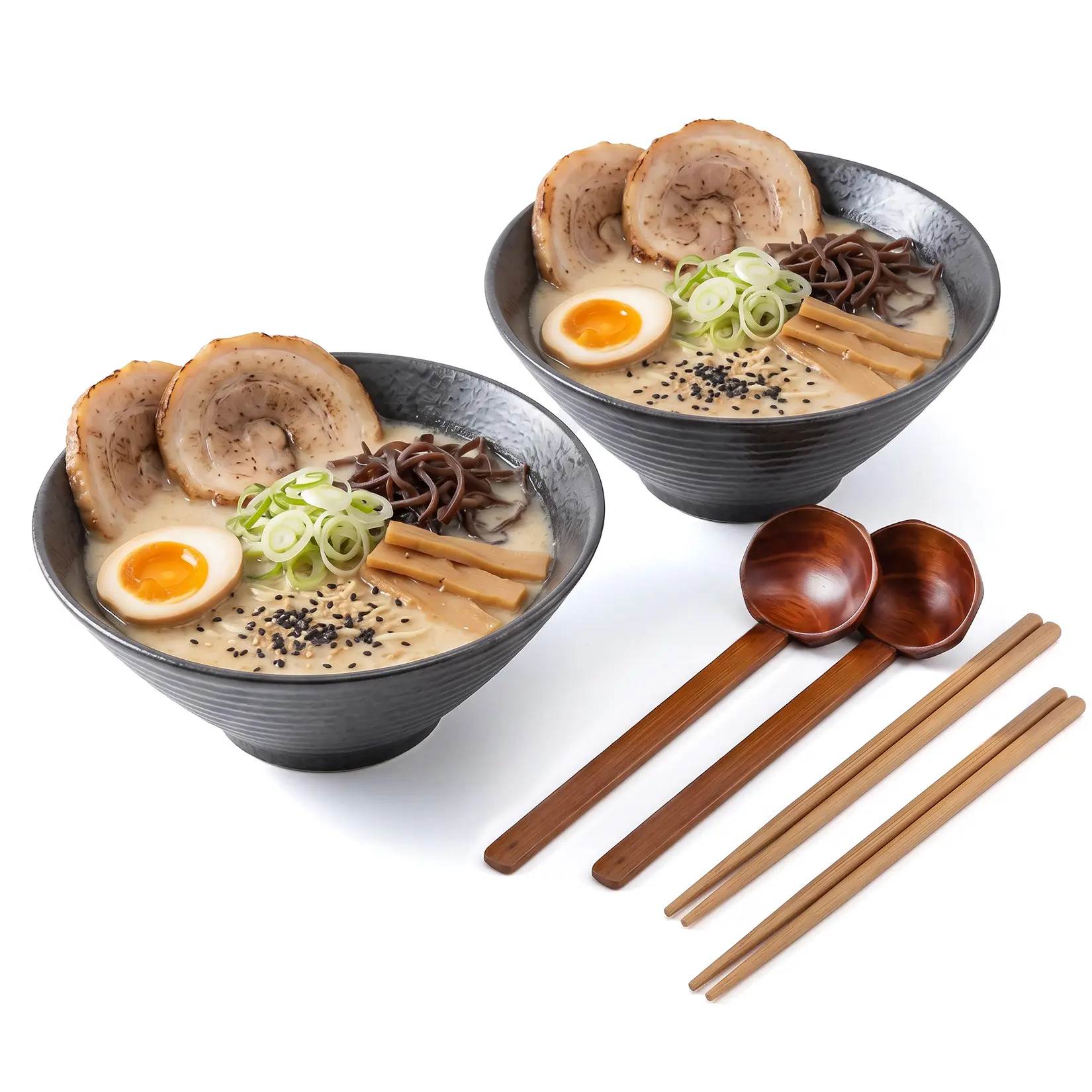 Authentic Japanese Ramen Bowl Set – 2 x 9 Inch Large Black Ceramic Serving Bowls with Spoons & Chopsticks – Perfect for Soup, Pastas, Salad, Rice – Fundamental Kitchen and Restaurant Tableware
