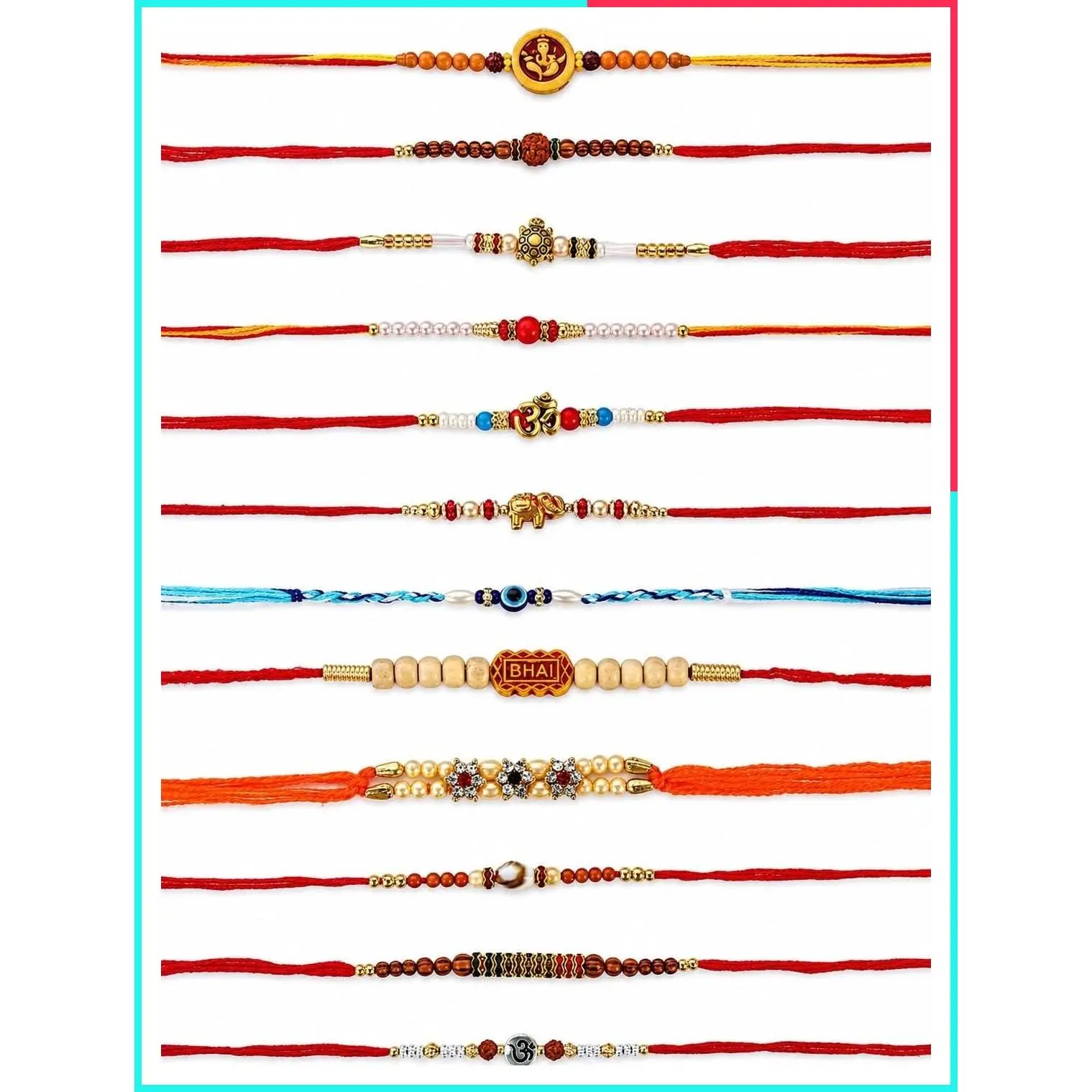 Set of 12 Designer Rakhis for Brother - Multicolor Beads, AD, Turtle, Om, Rudraksha & Ganesha | Raksha Bandhan Gift for Bhaiya & Bhabhi