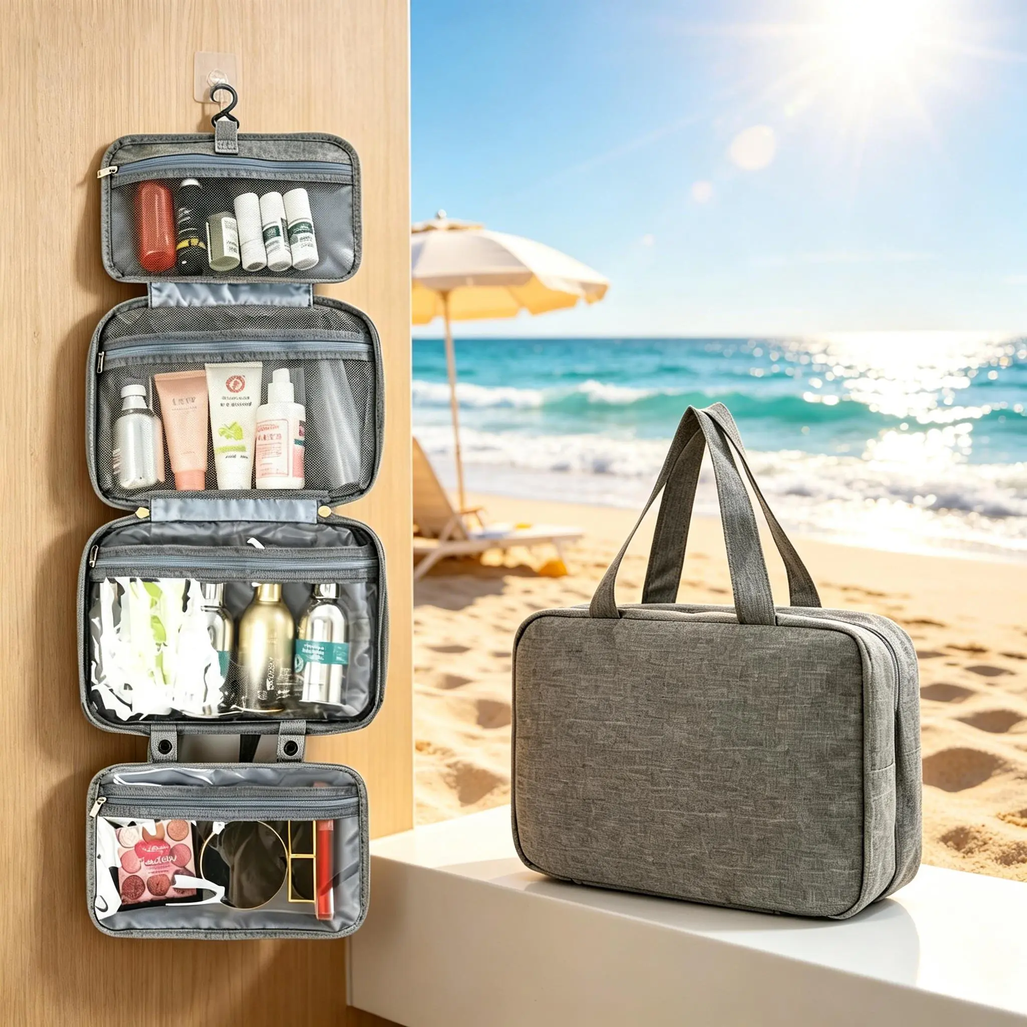 Waterproof Collapsible Hanging Makeup Wash Bag, Spacious Multi-Purpose Cosmetic Storage Case, Lightweight Portable Travel Toiletry Organizer for Business Trips, Vacations, Gym & Camping