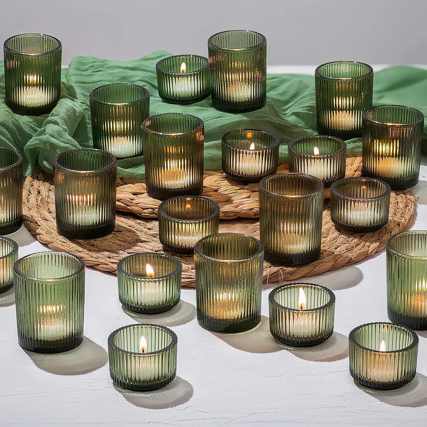 Glass Tealight Candle Holders 24 Green Ribbed Votive for Christmas | Table Centerpiece, Fluted Thick Glass, Small Tea Lights, Wedding Decor, Party, Thanksgiving, Home, Dinner