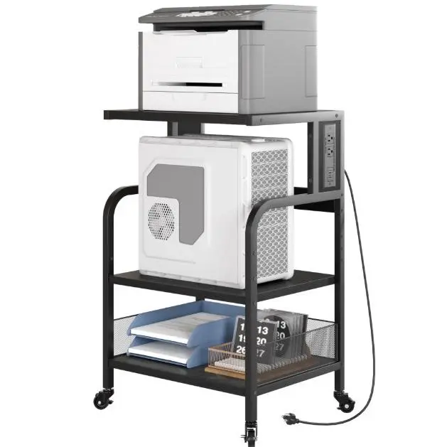 3-Tier Large Printer Stand with Power Outlets, USB Ports, Industrial Rolling Printer Cart, Heavy Duty Metal Frame, Adjustable Shelf, Storage, Lockable Wheels for Home Office