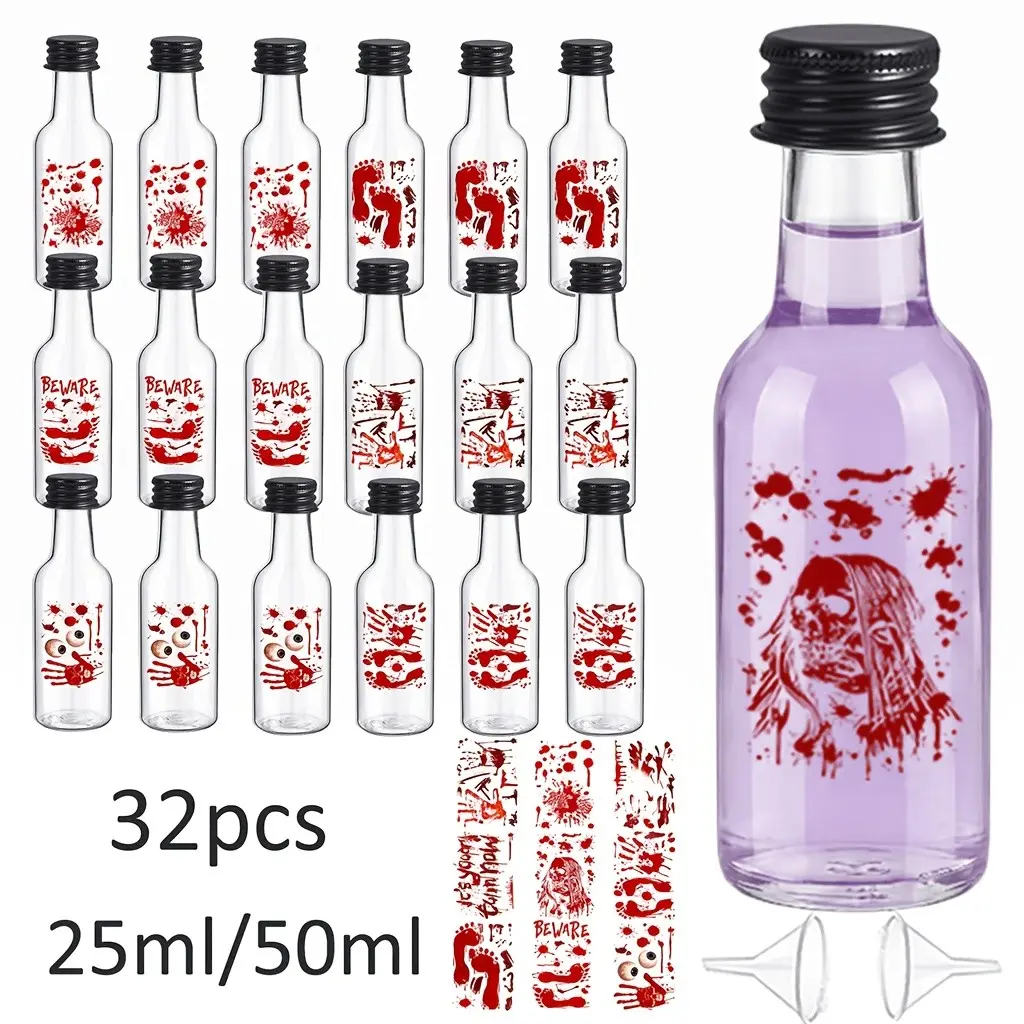 32pcs Halloween Creative Plastic Wine Bottles, Leak Proof, Reusable, Ideal for Wine Storage, Perfect for Parties & Weddings