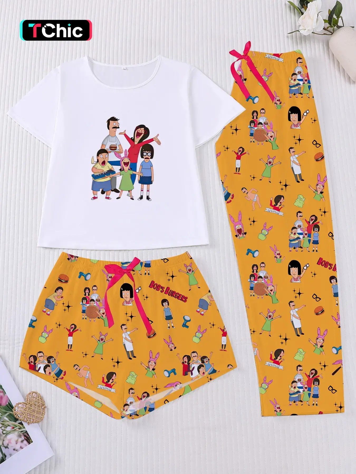 Women's Bob's Burgers Cartoon All-Over Print Pajama Set, Pyjamas, Short-Sleeve & Long Shorts, Casual Loungewear, Lounge Pjs Set, Three-Piece Sleepwear