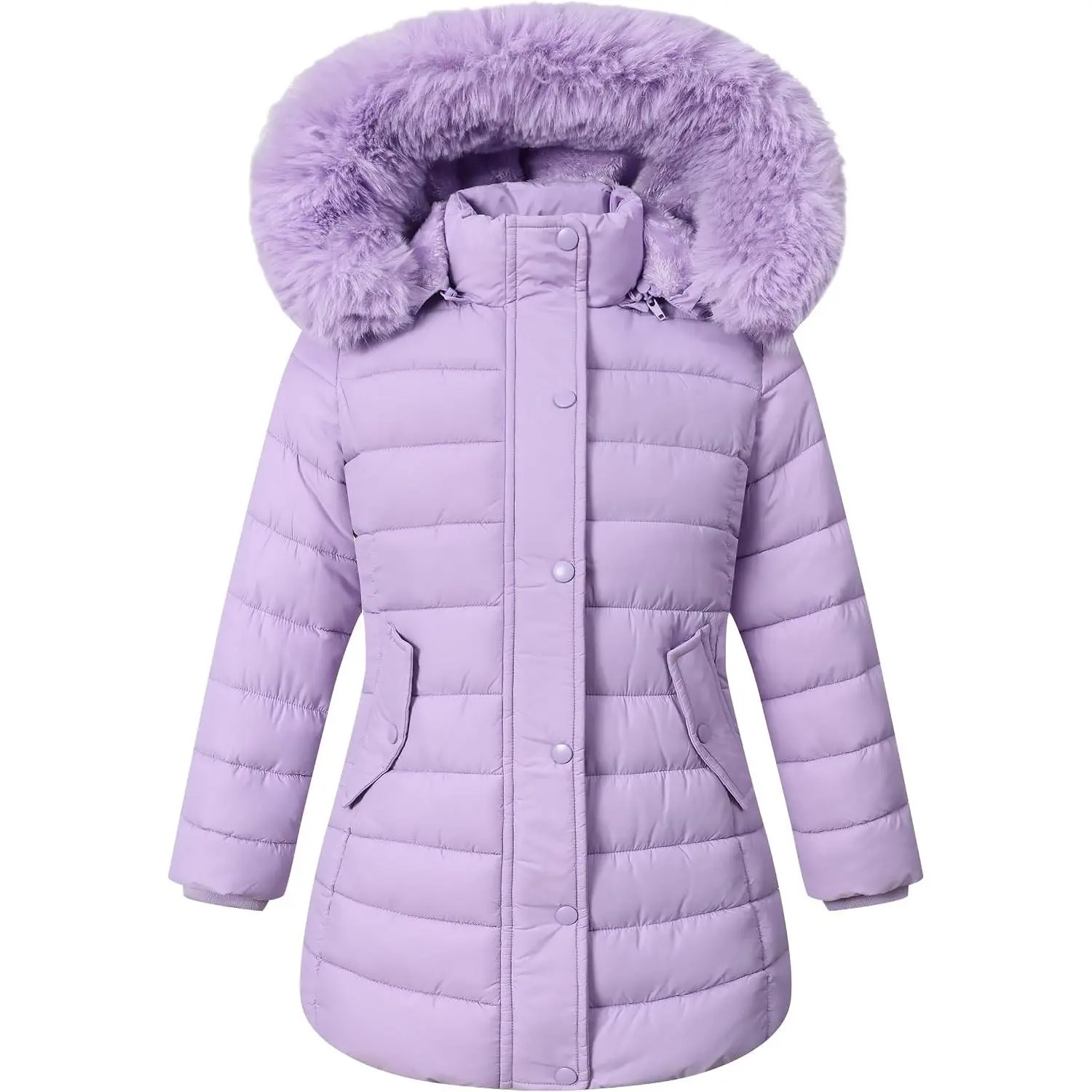 Girls Long Puffer Winter Coat Kid's Removable Hood Parka Jacket | Waterproof Polyester Outer, Soft Fleece Lined, Adjustable Cuffs, Lightweight Warm Jacket for Daily Outdoor Activities
