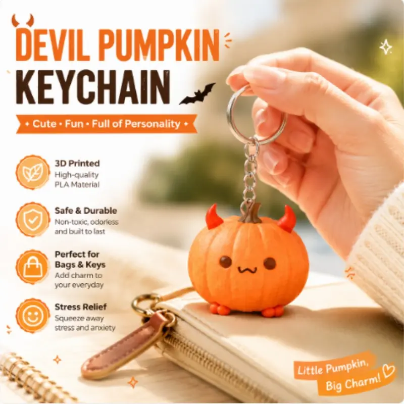 3D Printed Pla Devil Pumpkin Keychain, Halloween Cute Pointed Edge Pendant, Stress Relief Pocket Toy, Bag Charm