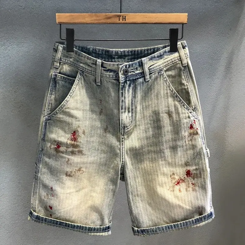Trendy Vintage Workwear Men's ort Jeans Casual Loose Fit Five-Piece Striped Dyeing Mid-Waist Straight Leg Summer orts