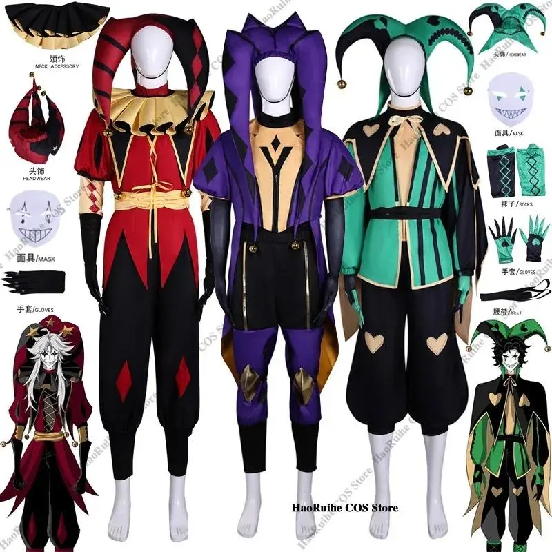 Hot The Freak Circus Pierrot Jester Harlequin Cosplay Costume Adult Clown Top Pant Wigs Joker Uniform Halloween Costume Carnival