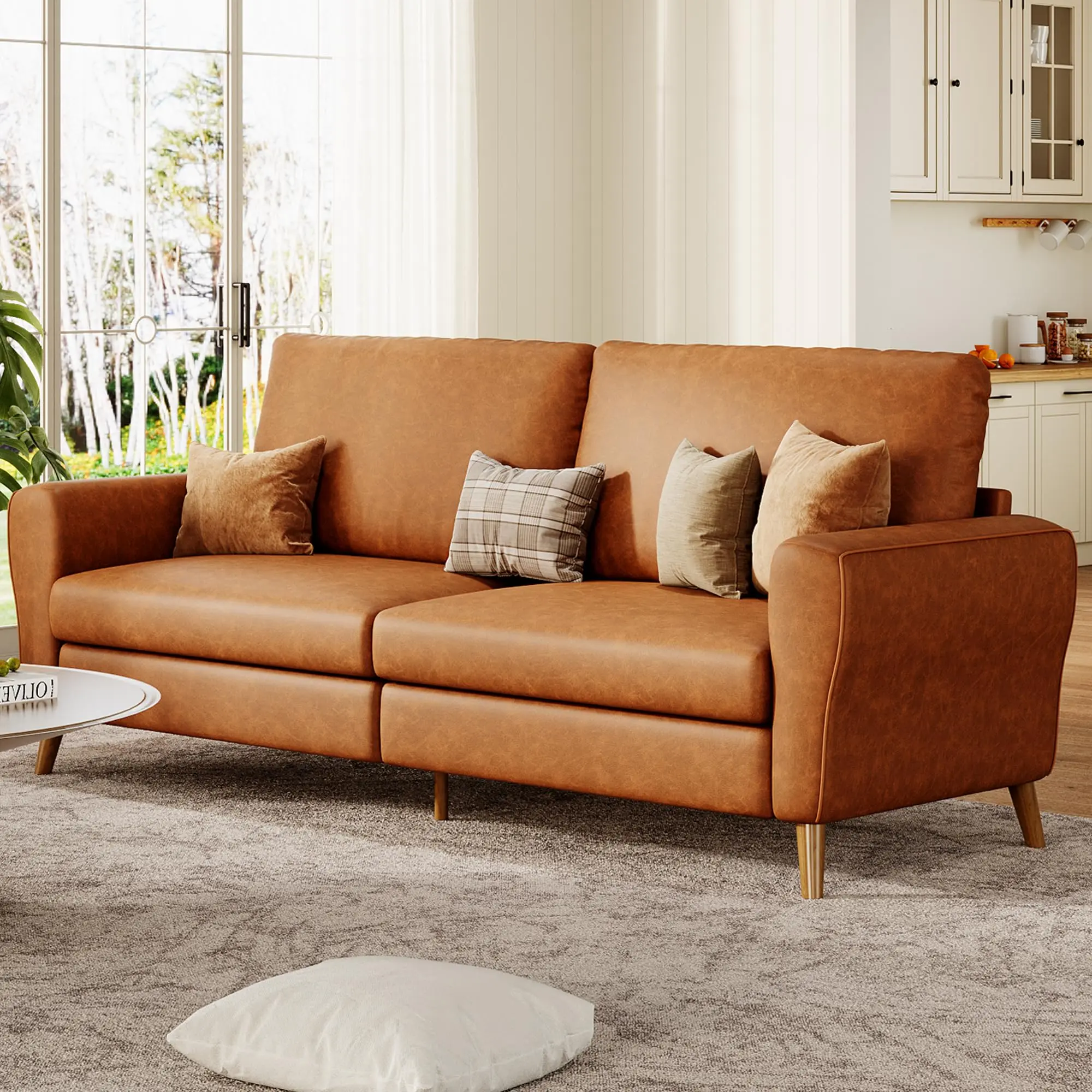 Garvee 84 Inch Modern Sofa Couch, Large 3-Seater Sofa with Streamlined Armrests, PU Leather Loveseat Wood Feet, Comfy Couch for Living Room, Apartment, Lounge, Brown