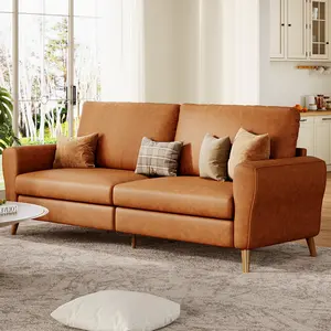 Garvee 84 Inch Modern Sofa Couch, Large 3-Seater Sofa with Streamlined Armrests, PU Leather Loveseat Wood Feet, Comfy Couch for Living Room, Apartment, Lounge, Brown