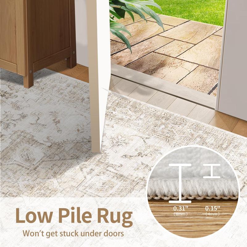 Area Faux Cashmere Rug 5x7, Washable Rugs for Living Room, Vintage Boho Beige Rug for Office, Dining Room, Kids Room and Farmhouse, Durable Low Pile Non-Slip Area Rug for High Traffic Areas