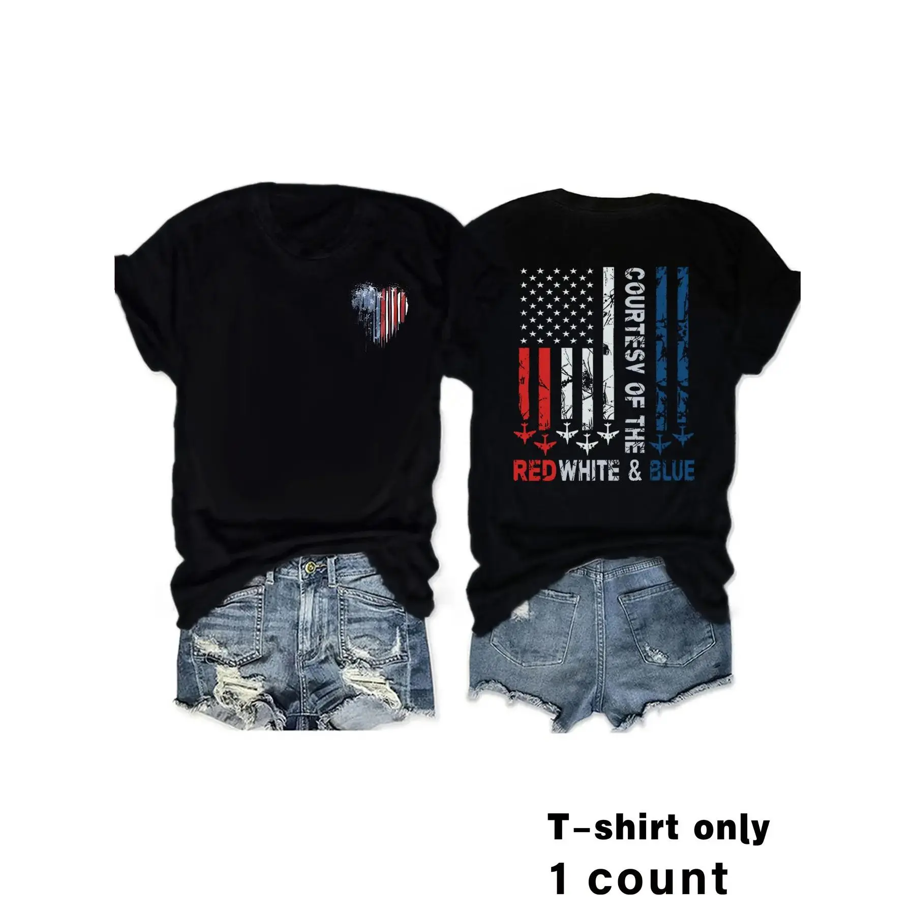 Women's Patriotic US Flag Heart Graphic Cotton T-Shirt - Lady's Casual Short-Sleeve Solid Top, Smooth Seamless Soft Fabric, Elegant Vacation Sports & Outdoor Wear, Round Neck, Tshirt