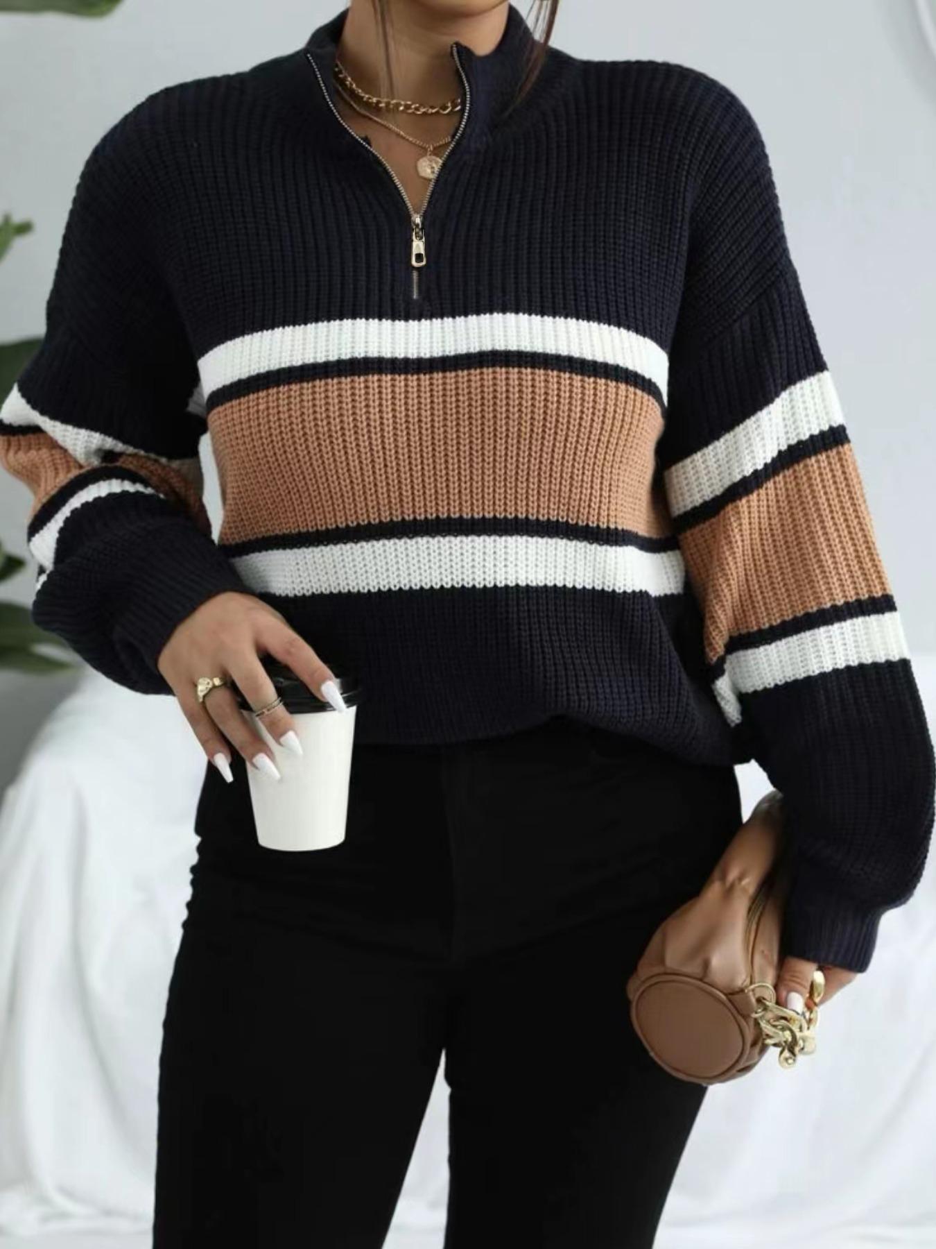 Women's Colorblock Striped Print Half Zip Up Mock Neck Sweater Pullover Top, Casual Loose Drop Shoulder Long Sleeve Jumper, Women's Fall & Winter Knitwear For Daily Wear Fitted Lady Womenswear