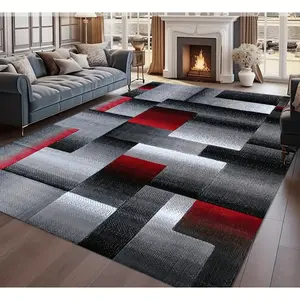 This carpet features a large geometric Nordic design and is made of 100% polyester. It has anti-slip and machine washable features, and is available in black, gray, red, and white patterns. It is an ideal choice for decorating the living room, bedroom