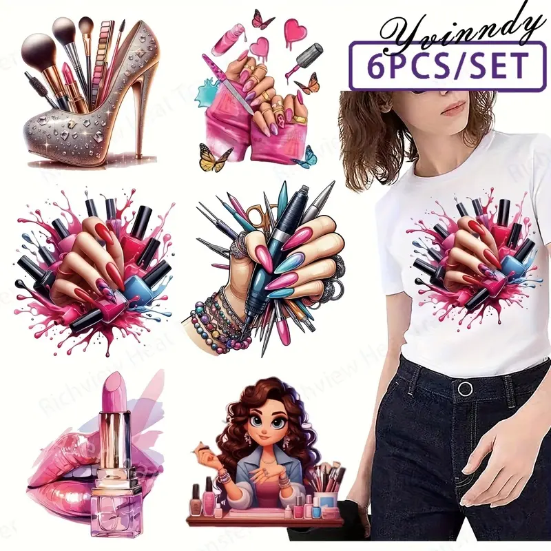 Vinyl Heat Transfer Stickers 6 Sheets Washable Cosmetic Nail Art Designs for T Shirts Jeans Fabric Crafts