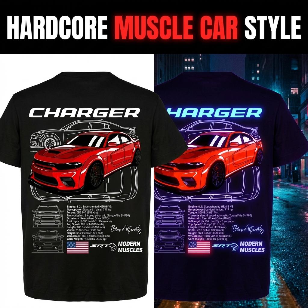 Dodge Charger Hellcat Red T-Shirt – Red Muscle Car Graphic Tee with Blueprints and Specs, Modern Mopar Streetwear Top Menswear Car Enthusiast Gift For Men, Father's Day graphic t-shirts  Sports T-shirt, regular fit, casual and stylish T-shirt