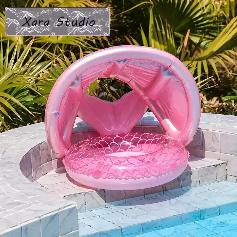Mermaid Tail Swimming Ring for Kids, Inflatable PVC Pool Float with UV Sun Protection Canopy for Fun Pool Activities, Fun And Excitement, Fun Pool Floats, Pvc Plastic