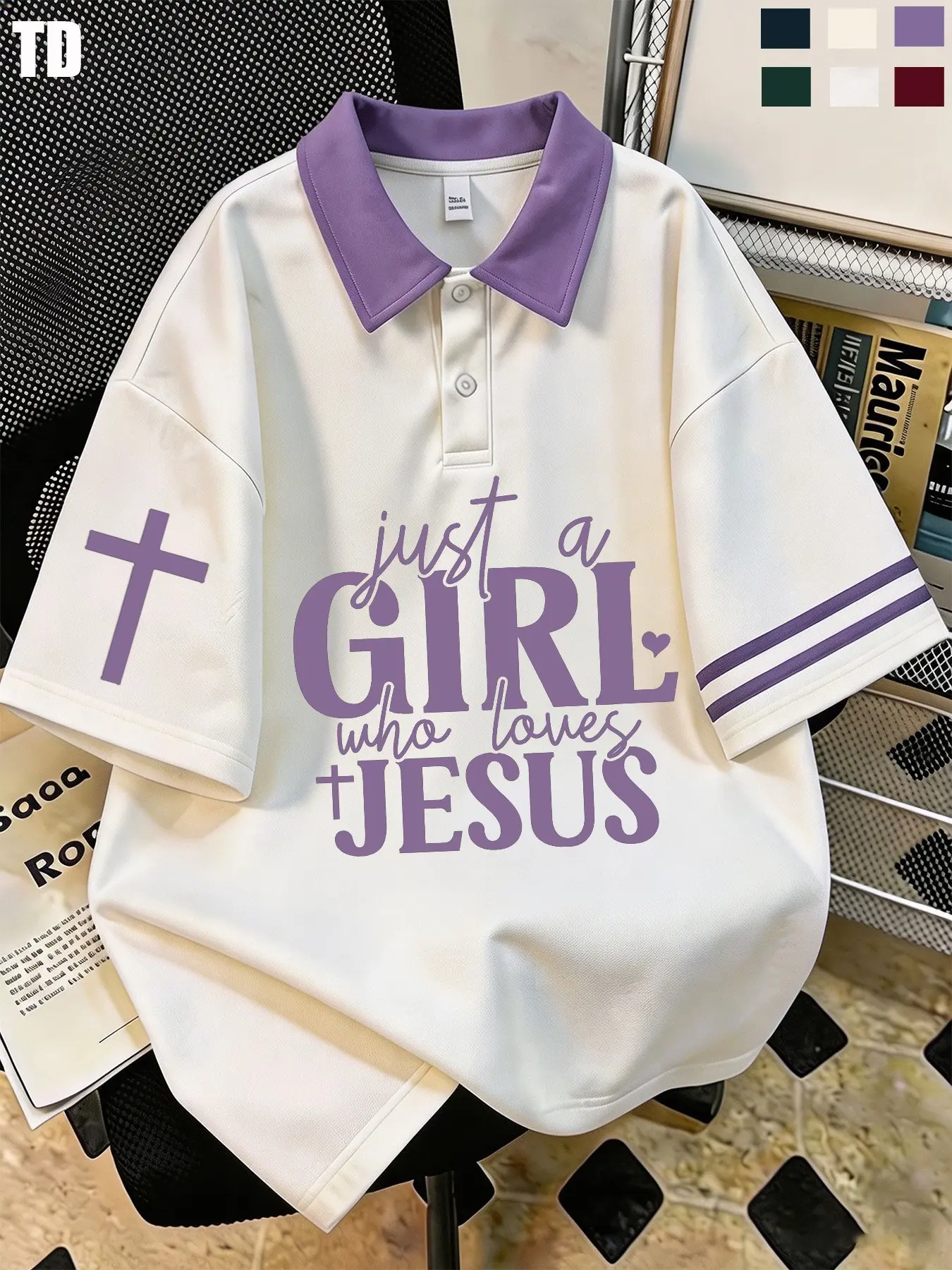 TD Just A Girl Who Loves Jesus Letter Cross Graphic Contrast Collar Polo Shirts Unisex 6 Colors Loose Double Strip Cuff Short Sleeve Christian Women Faith Casual Top