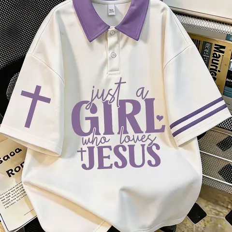TD Women's "Just a Girl Who Loves Jesus" Letter & Cross Graphic Christian Faith Striped Polo Shirt, Contrast Collar Loose Short-Sleeve Top with Double-Stripe Cuff, Unisex Casual Wear, 5 Colors