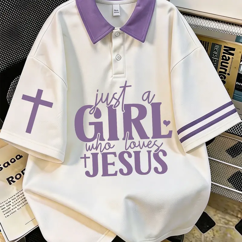 TD Women's "Just a Girl Who Loves Jesus" Letter & Cross Graphic Christian Faith Striped Polo Shirt, Contrast Collar Loose Short-Sleeve Top with Double-Stripe Cuff, Unisex Casual Wear, 5 Colors