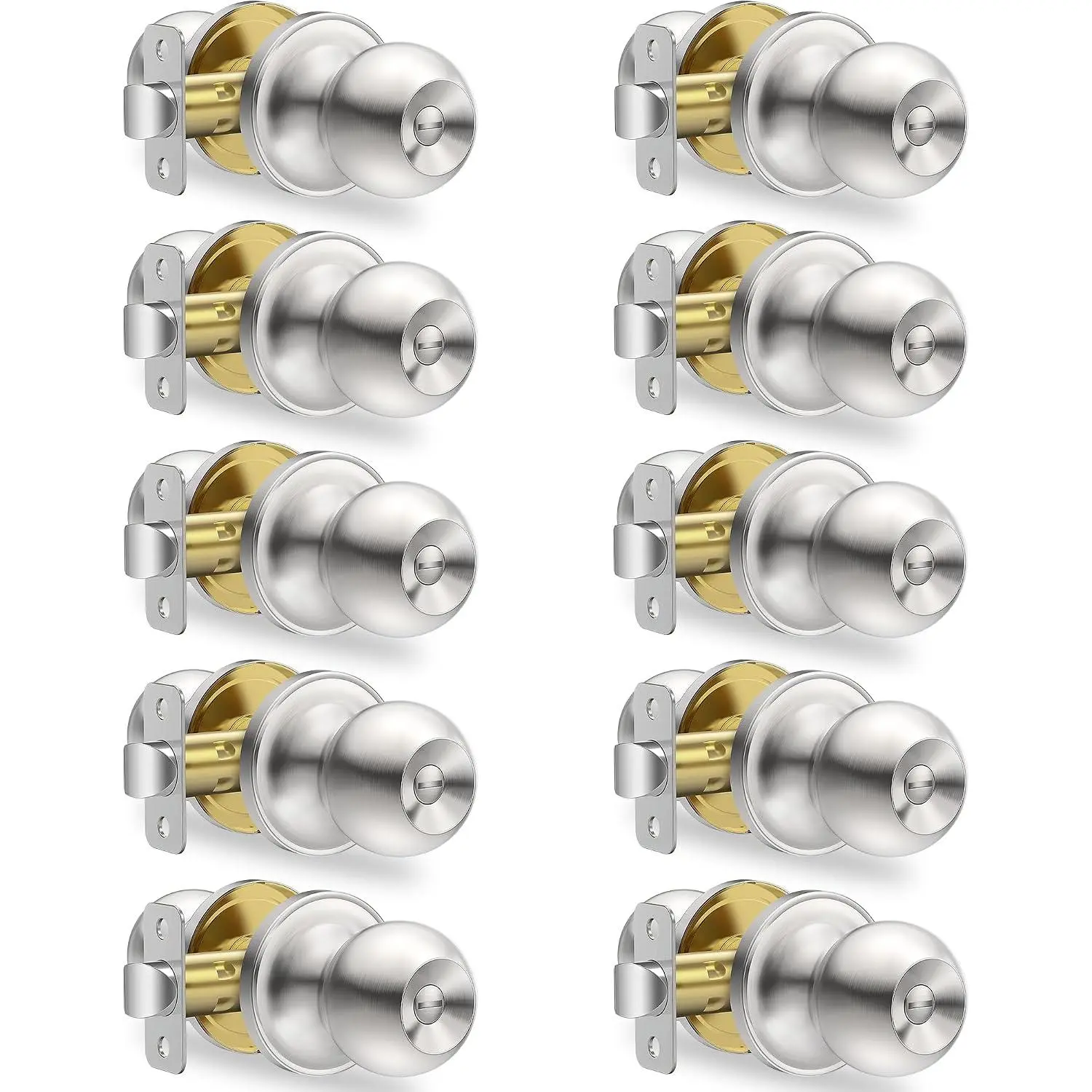 10 Pack  Door Knobs Interior, Satin Nickel Doorknob with Lock -ANSI Grade-3 Certified,Keyless Door Locks for Bedroom,Bathroom, Modern Heavy Duty Handle with Round Ball, Easy to Install