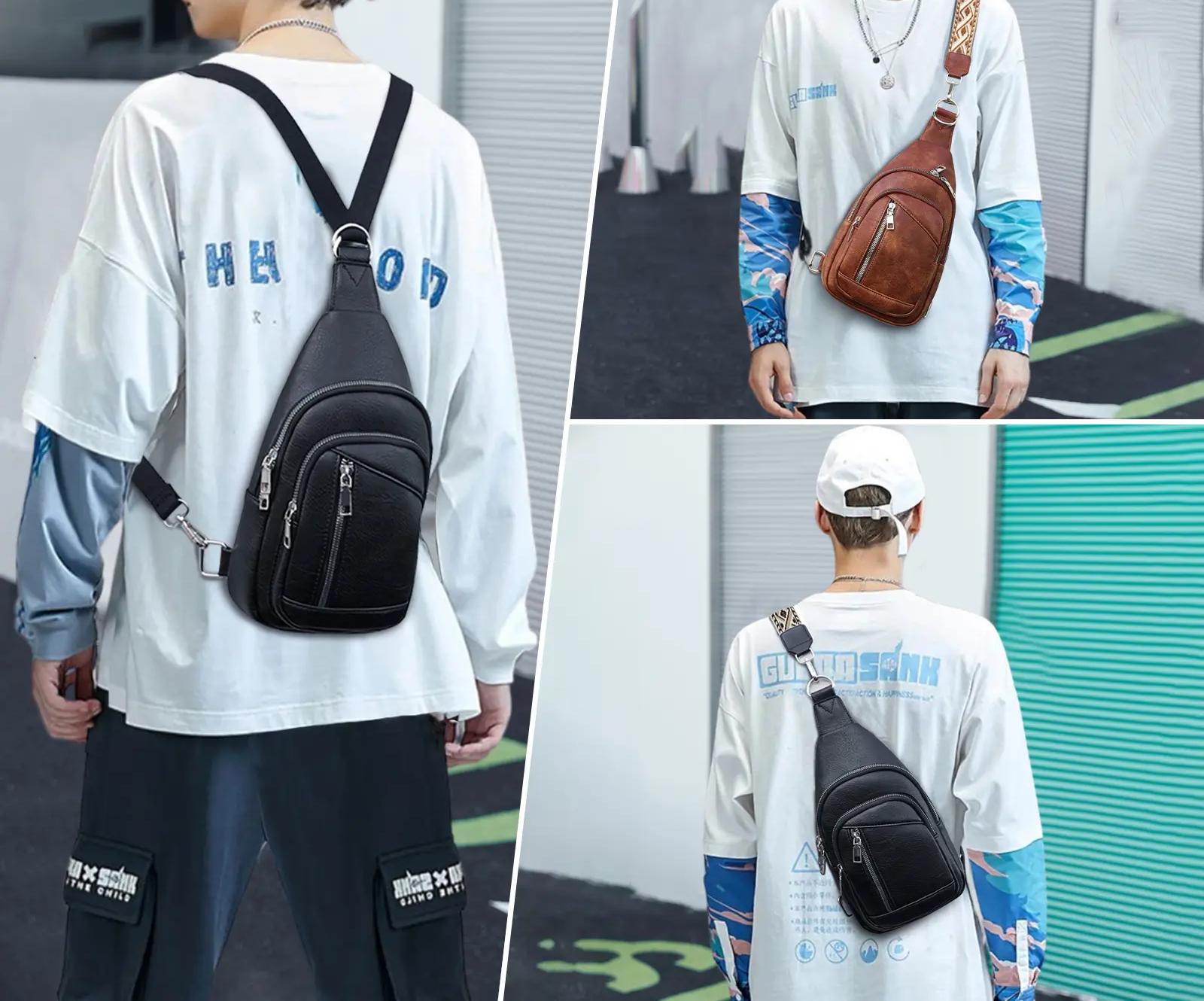 Sling Bag Small Crossbody Backpack Purse 2 in 1 Vegan Leather Cross Body Bag Fanny Pack with 2 Removable Strap Chest Shoulder Bag for Travel Daily Use