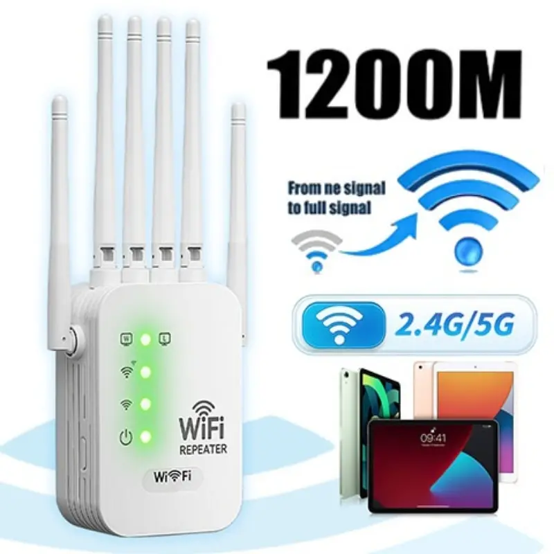 WiFi Extender 2026 with 6 Antennas, AC1200 5GHz/2.4GHz Dual Band Booster, 12,000 Sq.ft Coverage, Supports 100 Devices, Repeater & Ethernet Port, Wifi Range Extender, Wireless Repeater, WiFi Extender Signal Booster, Wifi Booster And Signal Amplifier