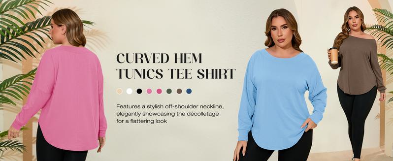 Goranbon Women's Plus Size Tops Off Shoulder Long Sleeve Loose T Shirts Casual Curved Hem Tunics Tee Shirt