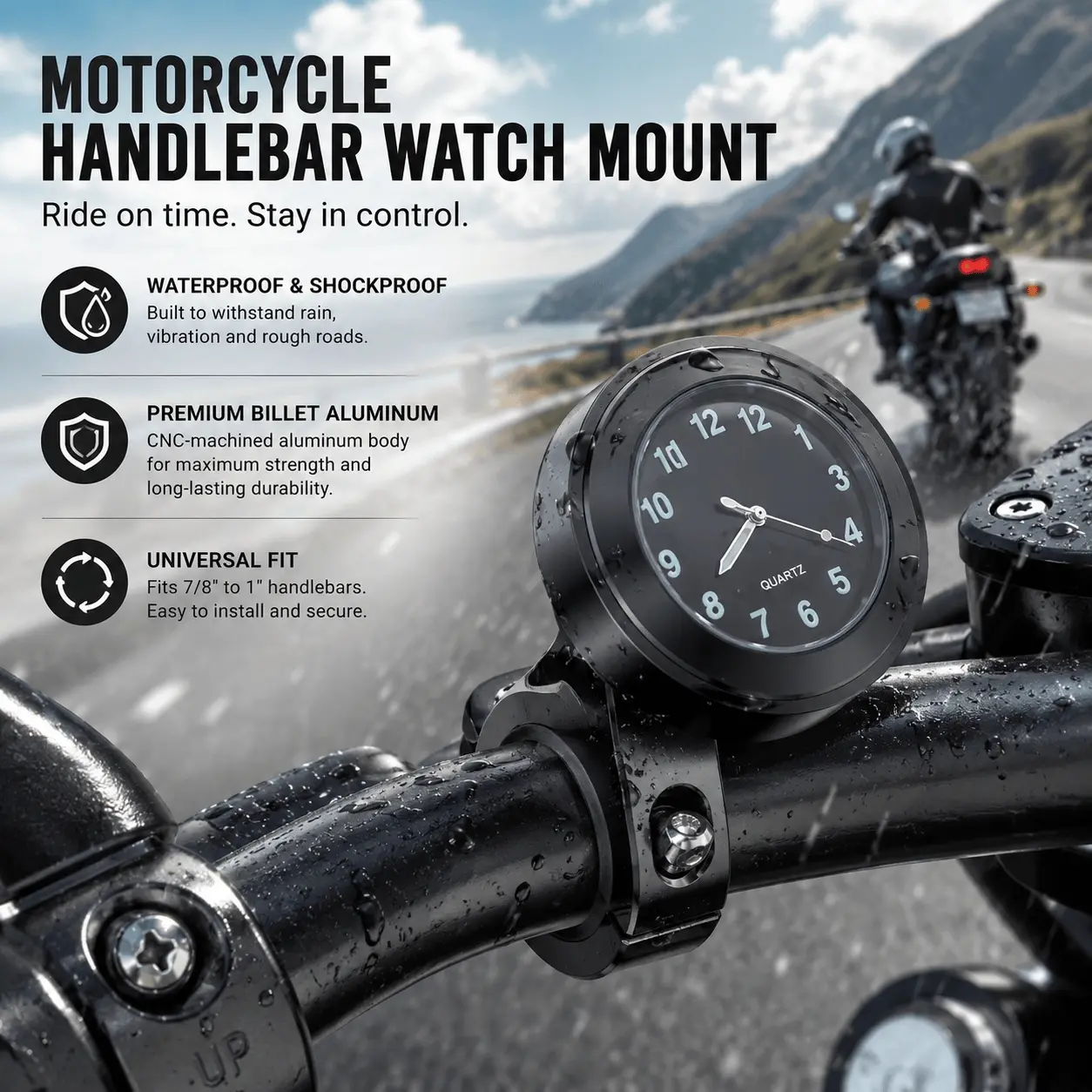 Waterproof Shockproof Motorcycle Handlebar Clock with Luminous Dial, Easy-Read Display, Universal Snap-on Installation. Ideal for ATV, Dirt Bike Upgrades, Custom Motorcycle Accessories, and Replacement Gauges. Motor Parts Accessories