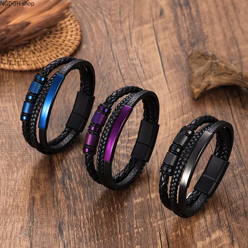 Mens Multi Layer Leather Bracelet, Custom Engravable Black ID Bar Wristband for Men, Vintage Braided Leather Cuff Bangle with Beads, Punk Stainless Steel Magnetic Clasp, Personalized Boyfriend Anniversary Gift