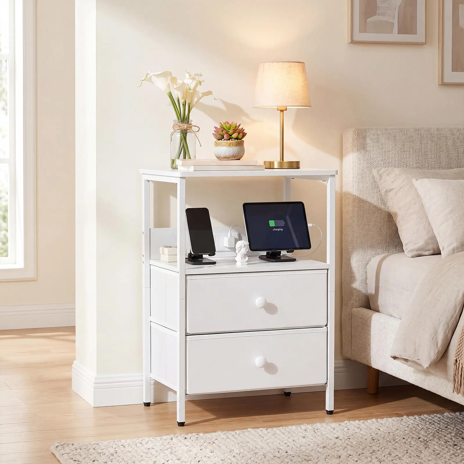 Modern White Bedside Table Set of 2, End Tables with 2 Storage Drawers & Open Shelf, Fast Charging Station with USB Ports and Outlet, Sturdy MDF Wood Frame for Living Room Bedroom