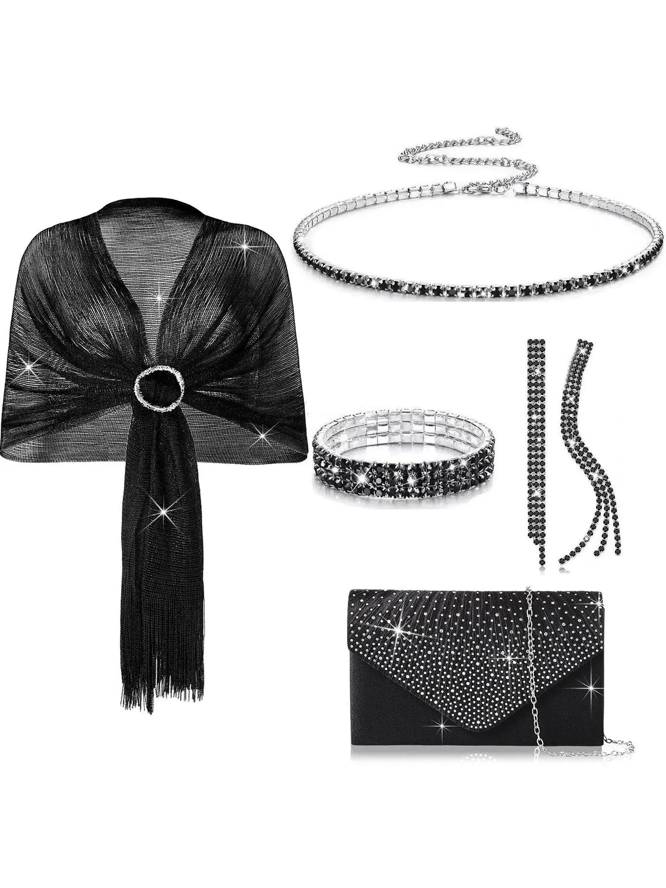 5-Piece Silver Formal Evening Accessories Set for Women, Rhinestone Necklace Bracelet Earrings, Sparkly Shawl and Clutch Bag for Wedding Guest Prom Party, Jewelry Set