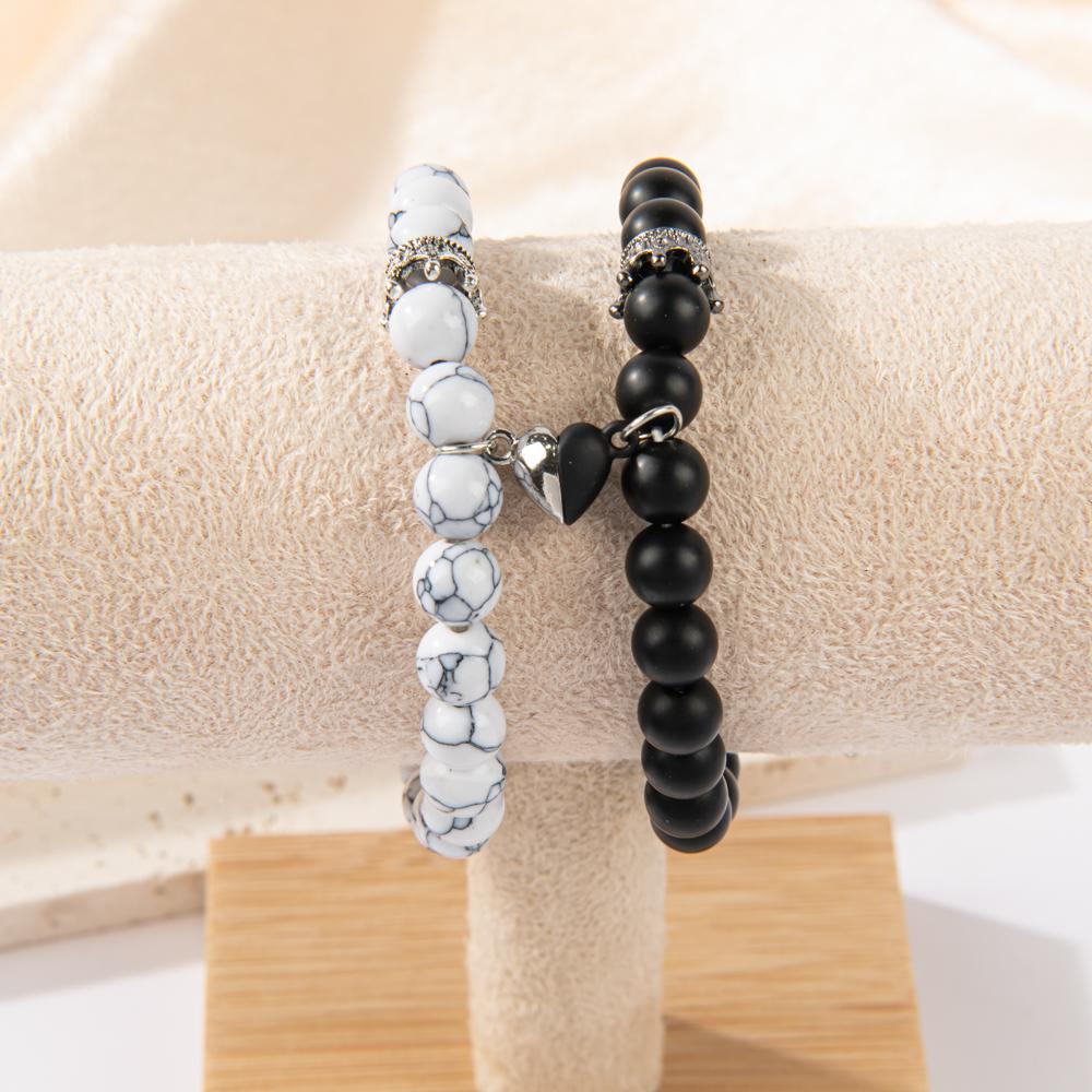 2 Pcs Elegant Couples Magnetic Stone Bracelets, Anniversary Couple Love, Heart Jewelry, Couples Beaded Stretch Bracelets Set, Perfect Valentine's Day Gift Couples Magnetic Couples Beaded bracelet valentine day gift fashion all-match jewelry charm