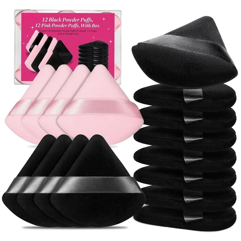 Triangle Makeup Puffs, 24-Piece Cosmetic Sponge Set for Liquid Foundation and Face Powder, Black & Pink