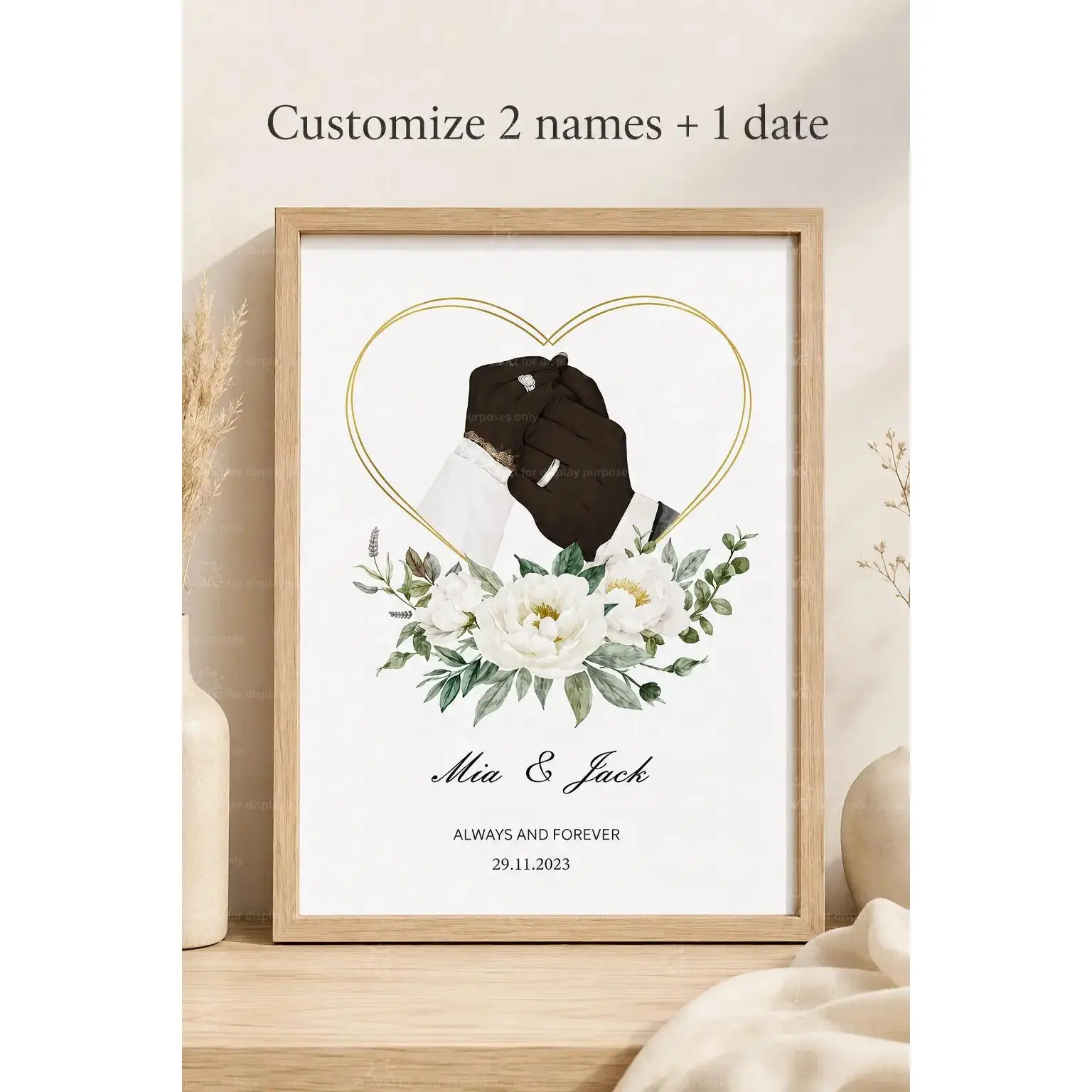 Custom Wedding Hands Canvas Poster Personalized 2 Names Date Print, Floral Heart Couple Wall Art, Anniversary Wedding Gift, Bedroom Living Room Decor, Aesthetic Poster Print, Custom Canvas Wall Decor