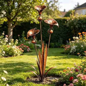 Vintage Rustic Iron Lily Garden Decor, Outdoor Courtyard Art, Includes Three Bells, Unique Charm for Your Garden, Potted Horticulture Decoration