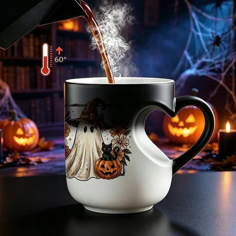 11oz Magic Mug Color Changing Black to White Coffee Mug - Heat Activated, Cottagecore Ghost Coffee Mug: Retro Halloween Fall Cup