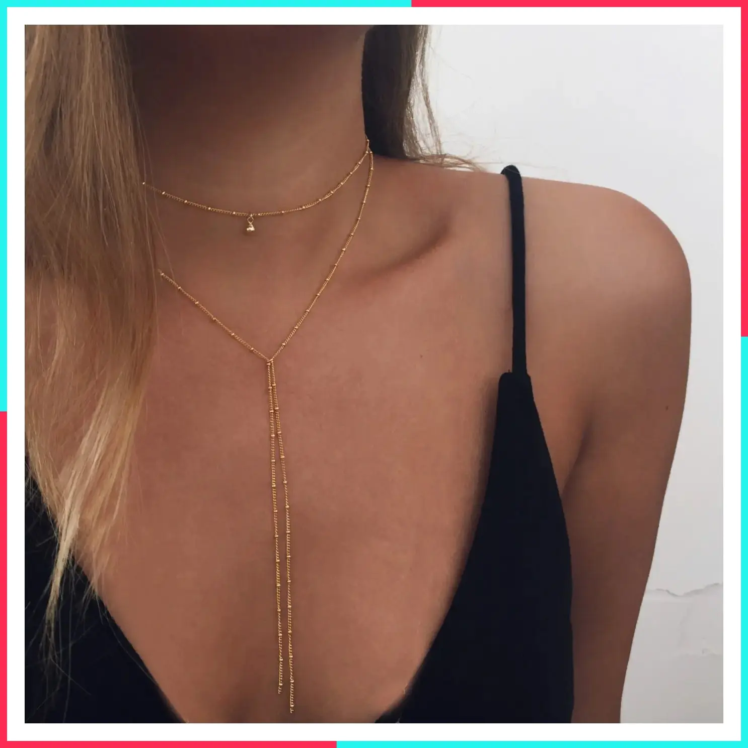 Dainty Tiny Bead Double Layer Lariat Y Drop Necklace Gold Silver Two Tone Minimalist Long Tassel Choker for Women Daily V Neck Camisole Evening Dress Delicate Jewelry