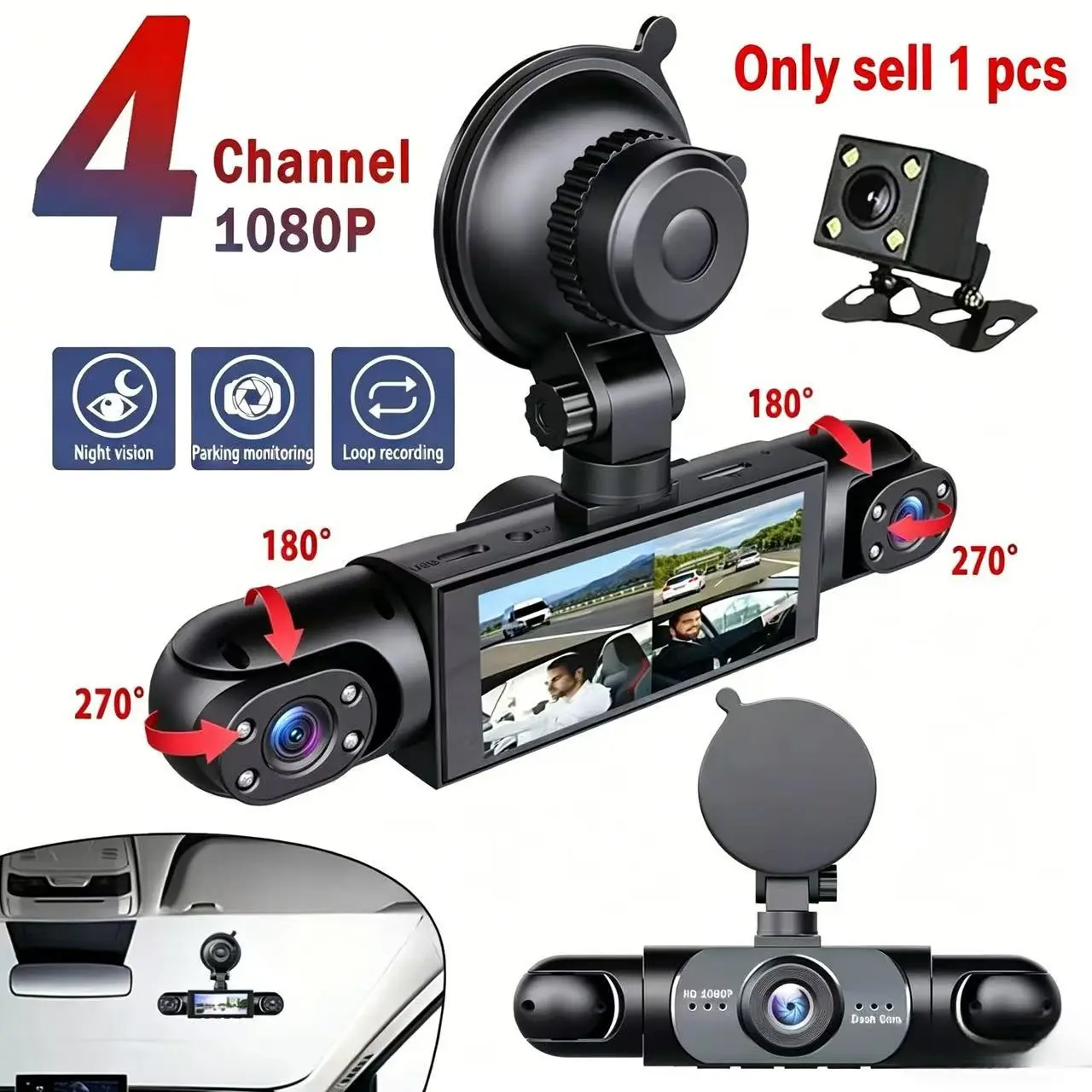 4-Channel Car Dash Camera, 1080P Dvr with 64GB SD Card, Night Vision Dashcam, Plug-And-Play, Full-Screen Display, Gift Idea