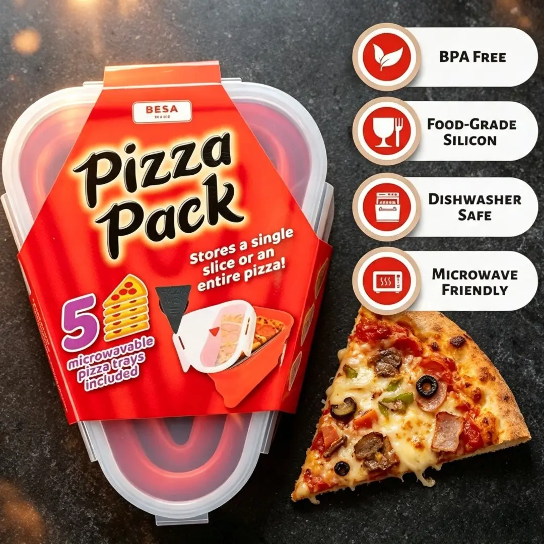 1 food-grade silicone pizza storage box, free of bisphenol A, comes with 5 divider plates, has an extendable design, can hold the entire pizza, compatible with microwave ovens. Must-have for pizza lovers.