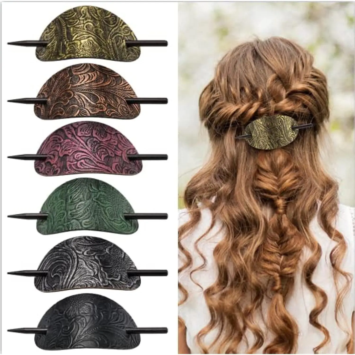 6PCS Hair Barrette with Stick, Faux Leather Oval Shape Hair Clips Hair Slider Pin Ponytail Holders, Bohemian Style Hair Accessories Barrette with Wood Slide Stick for Women Girls