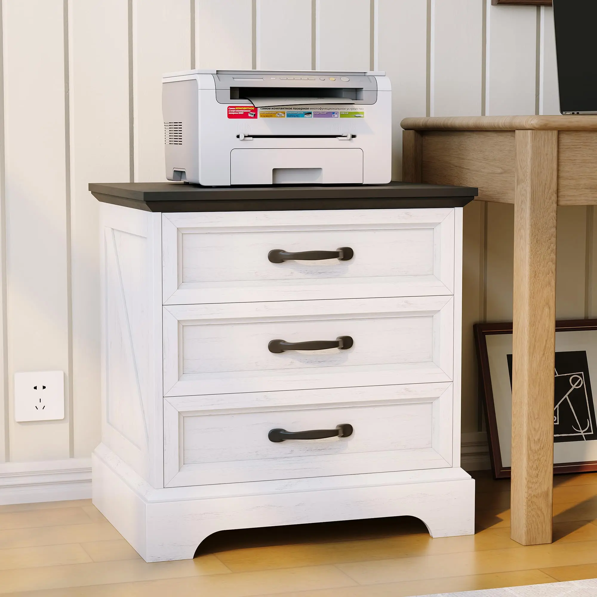 Modern Farmhouse Rectangular Nightstand - Rustic White Wood Bedside End Table with Charging Station, 3 Large Drawers, Sturdy Base (24-24.8in Wide) for Bedroom Storage