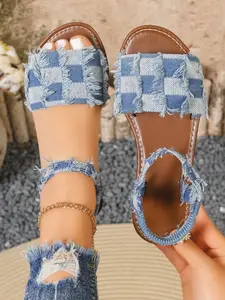 2026 Summer New Blue Plaid Edge Denim Flat Sandals for Women, Wide Strap Ankle Tie Open Toe Sandals, American Vintage Casual Beach Shoes